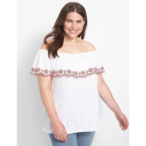 Lane Bryant Plus Size 22 24 Swing Ruffle Off-The-Shoulder Knit Top White Red - Picture 1 of 7